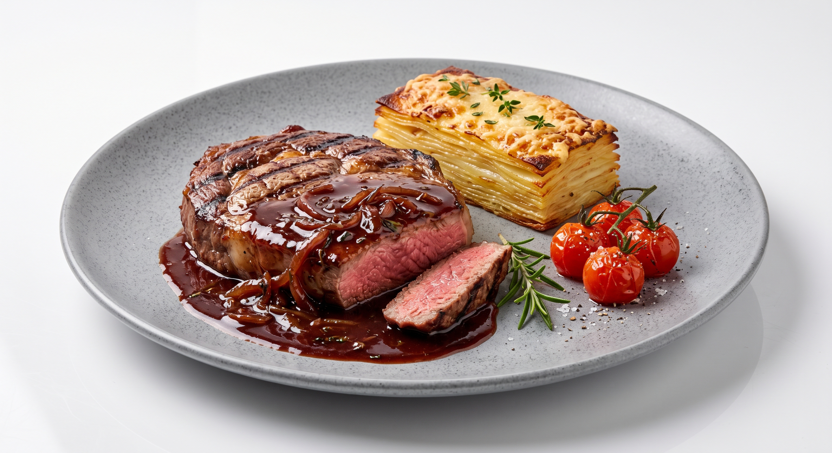 OJO DE BIFE AL OPORTO CON MIL HOJAS