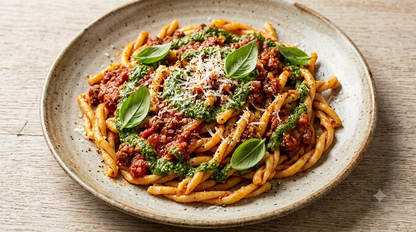 Fussillis al fierrito tuco-pesto